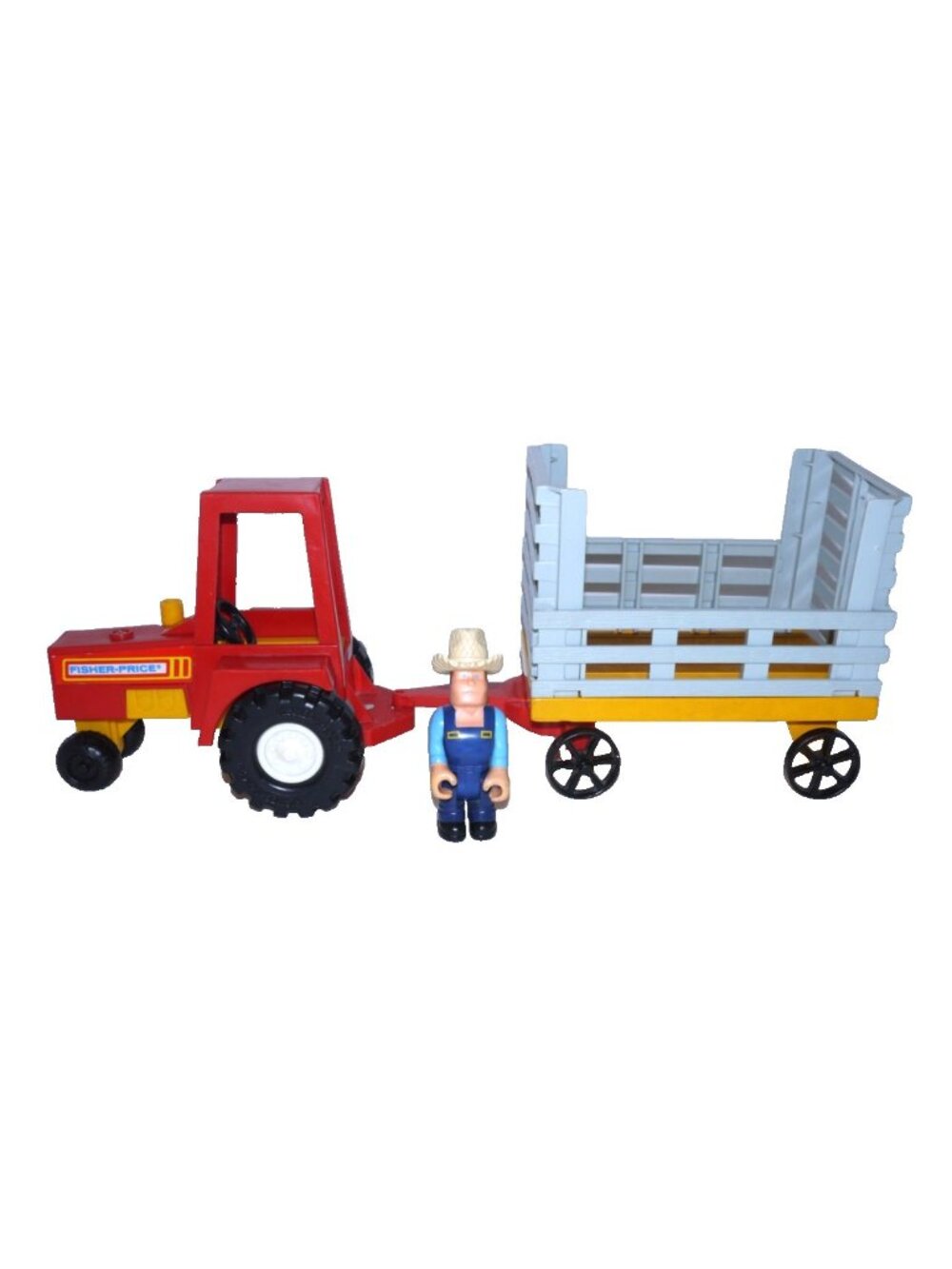 Vintage Fisher Price tractor & cart, wagon with farmer figure 1980 Quaker Oats